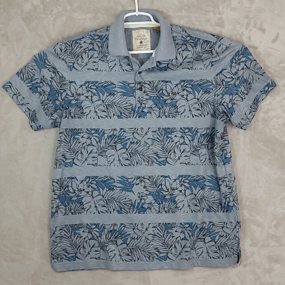 Tasso Elba Island Sun Protect Men's Polo Shirt Large Blue Tropical Leaf Striped